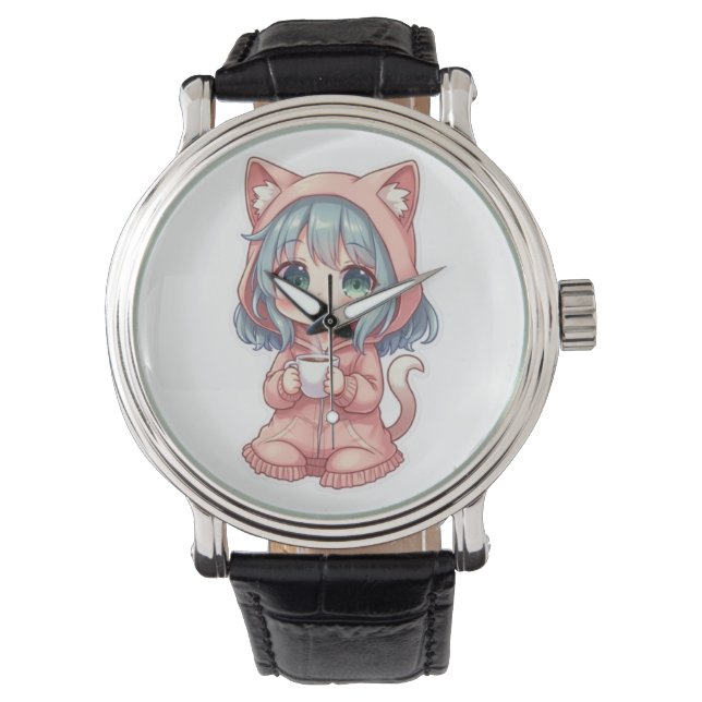 Cosy Kawaii Anime Girl with Cat Hoodie – Hot Drink Watch (Front)