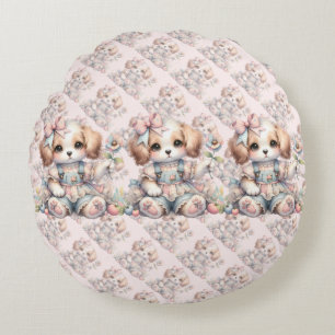 Cosy Kawaii Cottagecore Farmcore Puppy Style Round Cushion