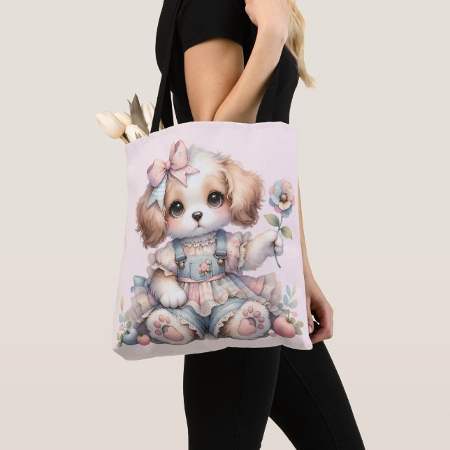 Cosy Kawaii Cottagecore Farmcore Puppy Style Tote Bag (Close Up)