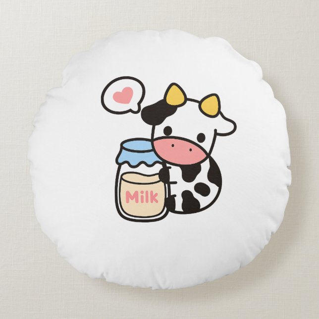 Cosy Kawaii Cow & Milk Jar Round Cushion (Front)
