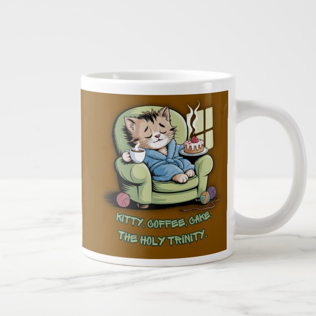 Cosy Kitten with Coffee and Cake – Funny Cat Large Coffee Mug (Right)