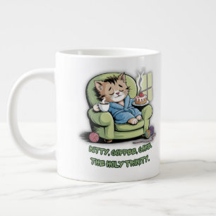 Cosy Kitten with Coffee and Cake – Funny Cat Large Coffee Mug