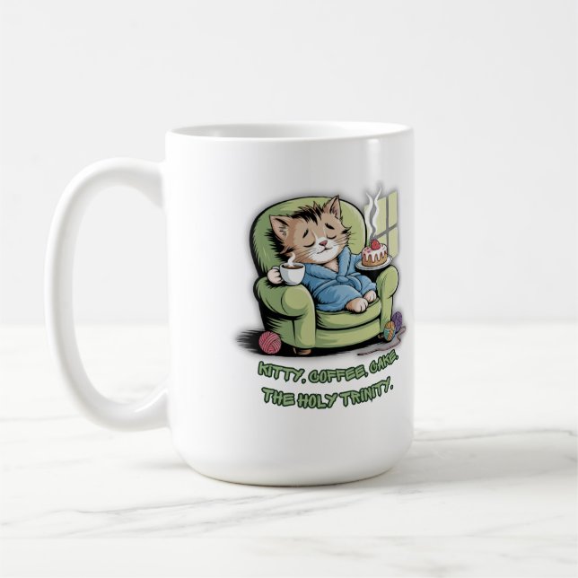 Cosy Kitten with Coffee and Cake – Funny Cat Mug (Left)