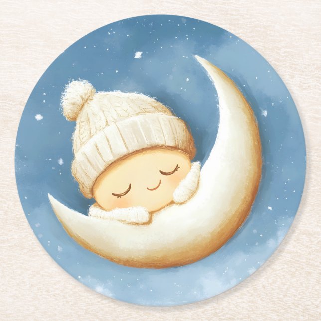 Cosy Knit Nap Cresent Moon Round Paper Coaster (Front)