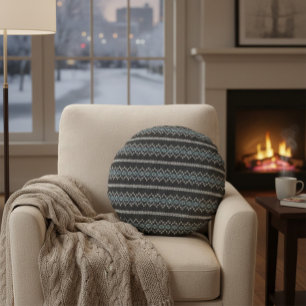 Cosy Knitted Pattern Black and Grey Round Cushion