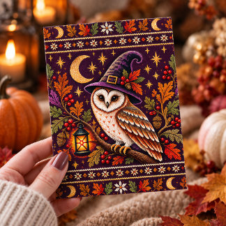 Cosy Knitted Witch Owl Halloween Autumn Art Postcard