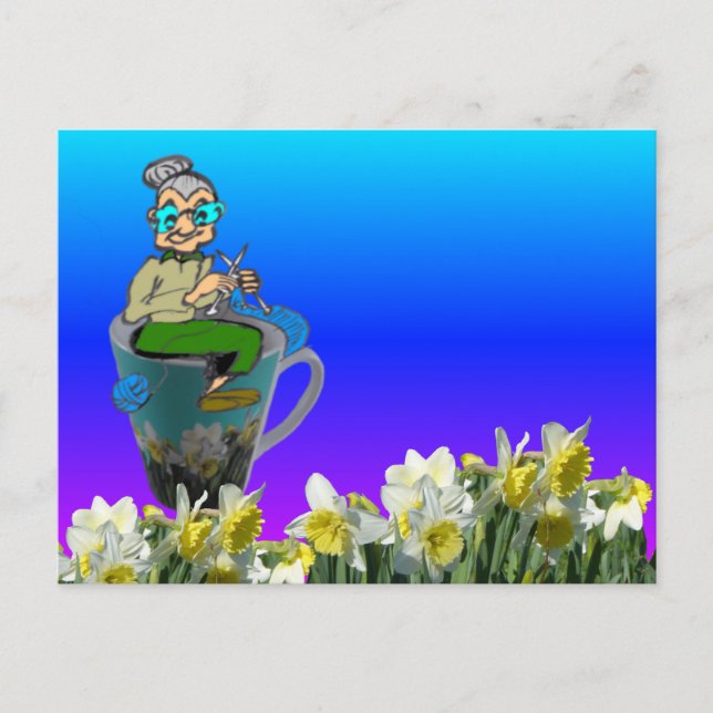 Cosy Knitting Woman on Daffodils Mug DIY Postcard (Front)