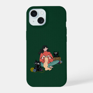 Cosy Knitting Woman with Black Cats Phone Case