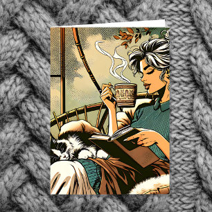 Cosy Lady Reading with Coffee and Cat Card