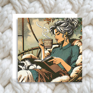 Cosy Lady Reading with Coffee and Cat Card