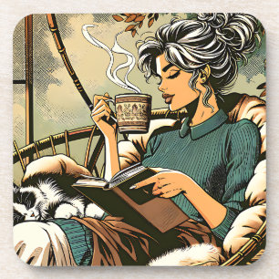 Cosy Lady Reading with Coffee and Cat Coaster