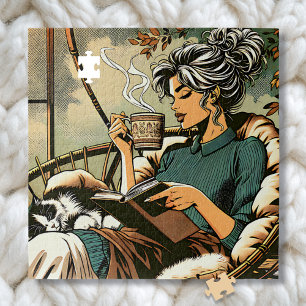 Cosy Lady Reading with Coffee and Cat Jigsaw Puzzle
