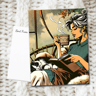 Cosy Lady Reading with Coffee and Cat Postcard
