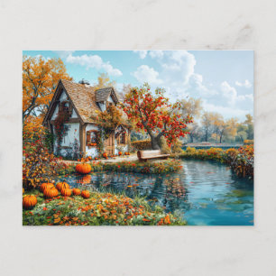 Cosy Lakeside Cottage in Autumn Illustration Postcard