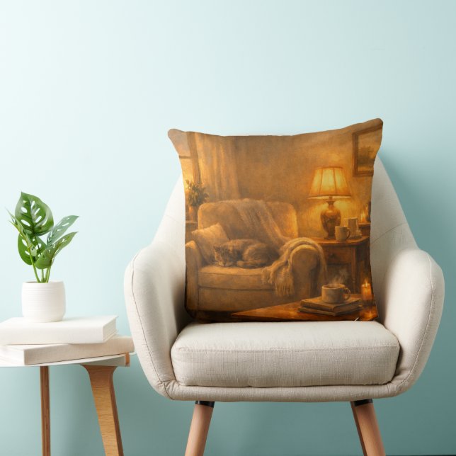 Cosy Lamp‑Lit Cat Corner Throw Pillow (Chair)