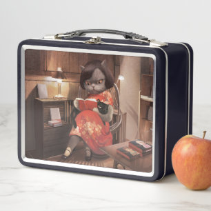 Cosy Library Afternoon - Lo-fi Vintage Cat Metal Lunch Box