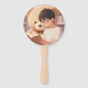 Cosy Library Boy & Teddy Bear Bookish Party Sticke Hand Fan