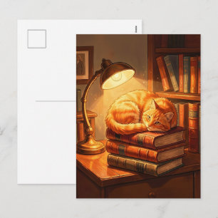 Cosy Library Cat Postcard - Bookworm Gift Art