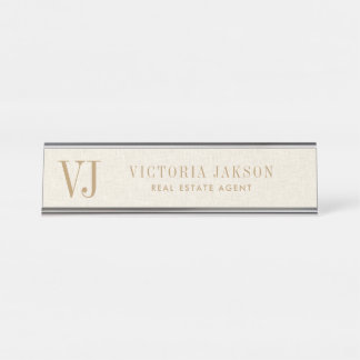 Cosy Light Beige Linen With Tan Monogram Desk Name Plate