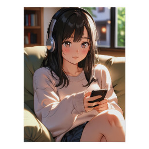 Cosy Lofi Anime Girl Headphones Chill Vibe Aesthet Poster