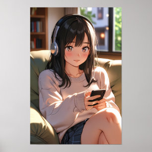 Cosy Lofi Anime Girl Headphones Chill Vibe Aesthet Poster