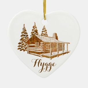 Cosy Log Cabin - Hygge or your own text Ceramic Tree Decoration