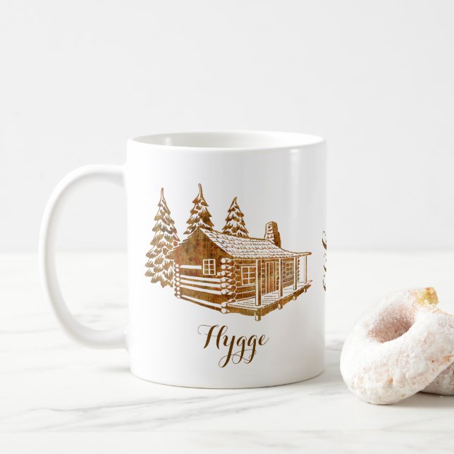 Cosy Log Cabin - Hygge or your own text Coffee Mug (With Donut)