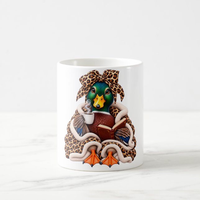 Cosy Mallard Duck Coffee Book Lover Leopard Bow Mug (Center)