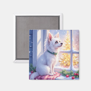 Cosy Maltese by Snowy Window Christmas Dog Art Magnet