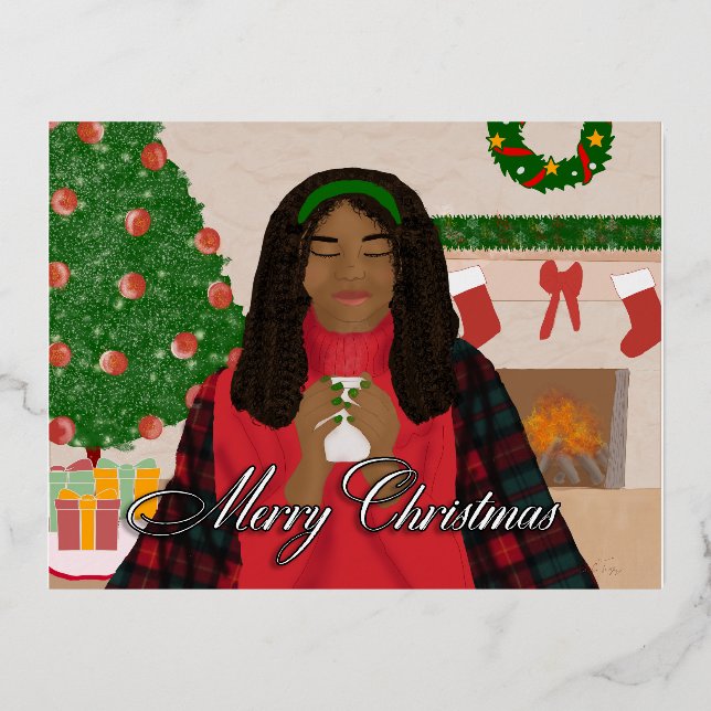 Cosy Merry Christmas - African American Christmas Foil Holiday Postcard (Front)