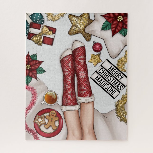 Cosy Merry Christmas Gingerbread Red Sweater Socks Jigsaw Puzzle (Vertical)