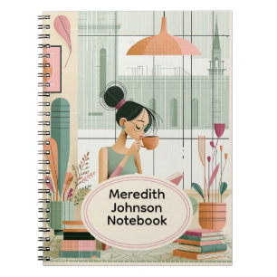 Cosy Mid-Century Modern Bookworm Girl Coffee Notebook