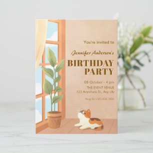 Cosy minimalist cat home birthday invitation