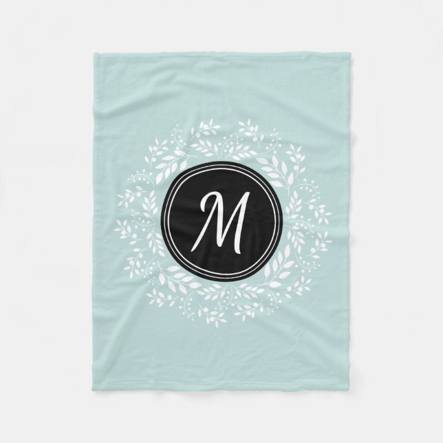 Cosy Mint Blue Floral Wreath Personalised Monogram Fleece Blanket (Front)