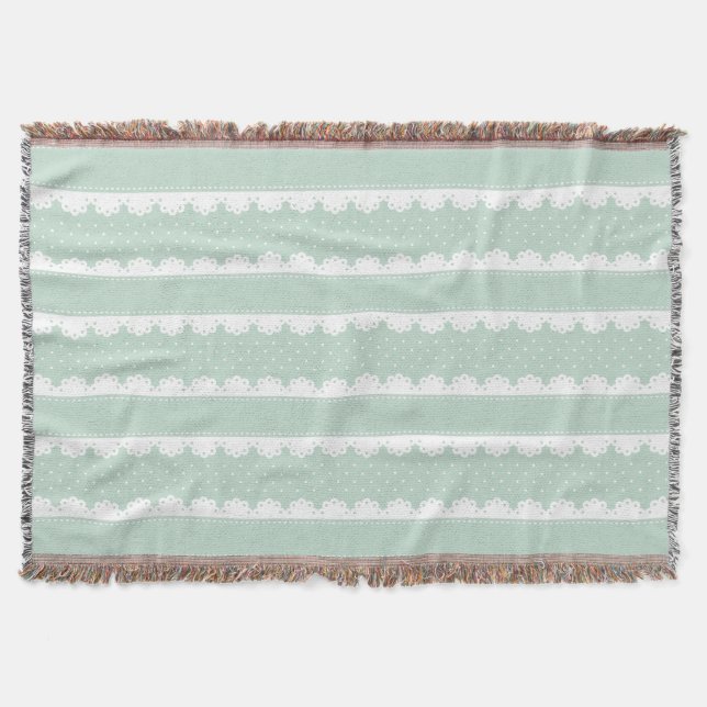 Cosy Mint Green & White Lace Striped Pattern Throw Blanket (Front)