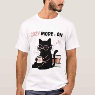 Cosy Mode On Cute Black Cat Coffee Books T-Shirt