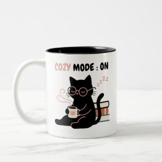 Cosy Mode On Cute Black Cat Coffee Books T-Shirt Two-Tone Coffee Mug