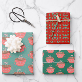 Cosy modern hot chocolate Christmas cups teal Wrapping Paper Sheet