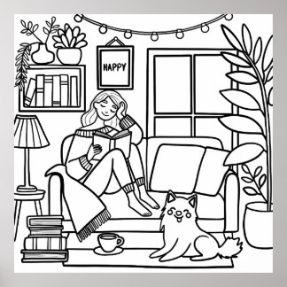 Cosy Moment for Reading, Reading Girl, Colouring Poster