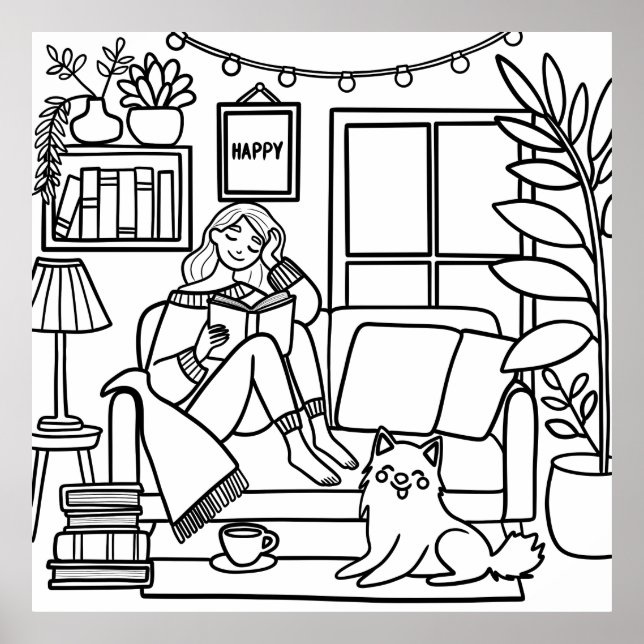 Cosy Moment for Reading, Reading Girl, Colouring Poster (Front)