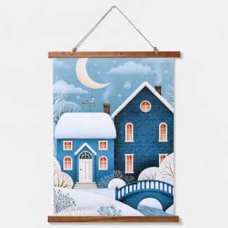 Cosy Moon Winter Village Snowy Cottage Hanging Tapestry