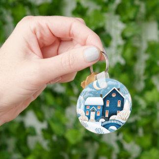 Cosy Moon Winter Village Snowy Cottage Key Ring