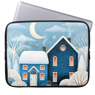 Cosy Moon Winter Village Snowy Cottage Laptop Sleeve