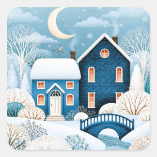 Cosy Moon Winter Village Snowy Cottage Square Sticker