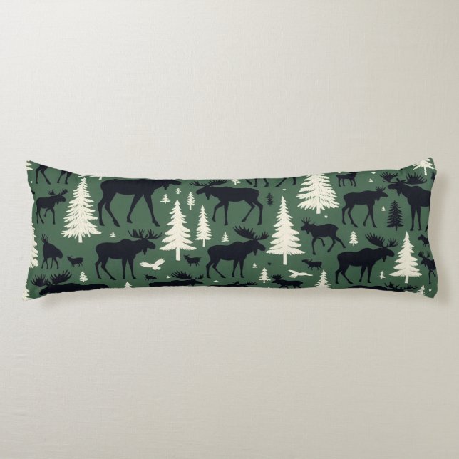 Cosy Moose and Pines Forest Green Body Cushion (Front)