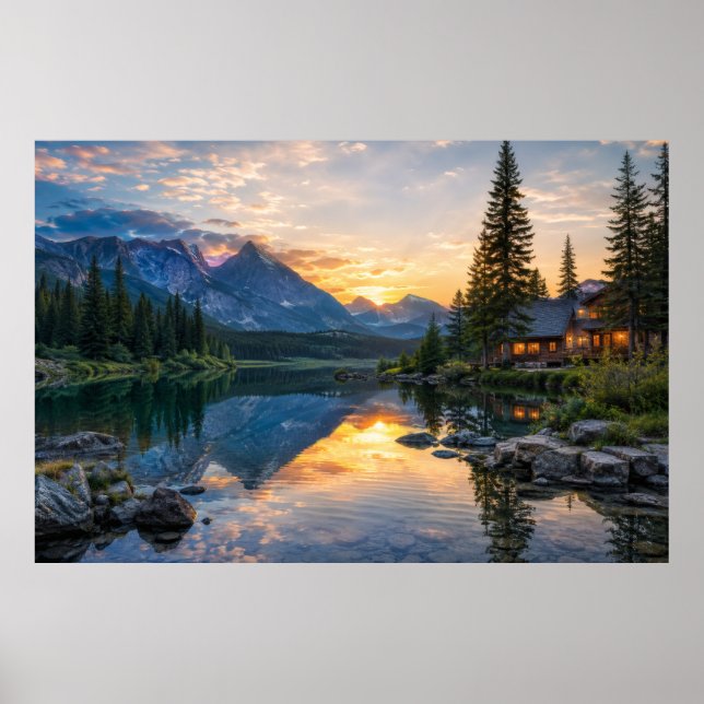 Cosy Mountain Cabin on Pristine Reflection Lake Poster (Front)