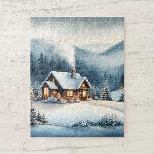 Cosy Mountain Cabin Winter Landscape Jigsaw Puzzle | Zazzle