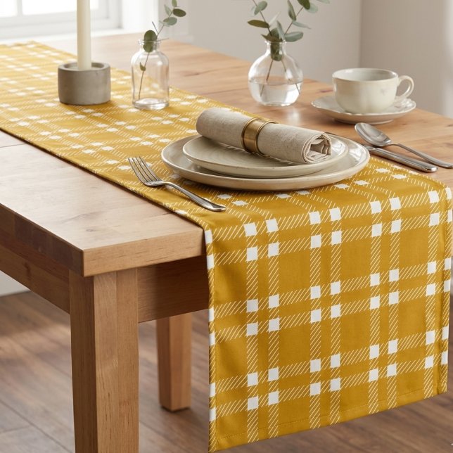 Cosy Mustard Yellow Gingham Plaid Tartan Short Table Runner (Creator Uploaded)
