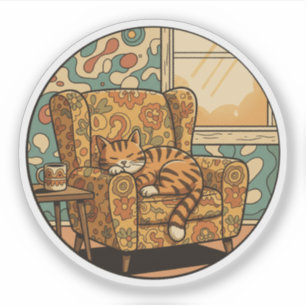 Cosy Napping Cat - Retro Floral Armchair Dream