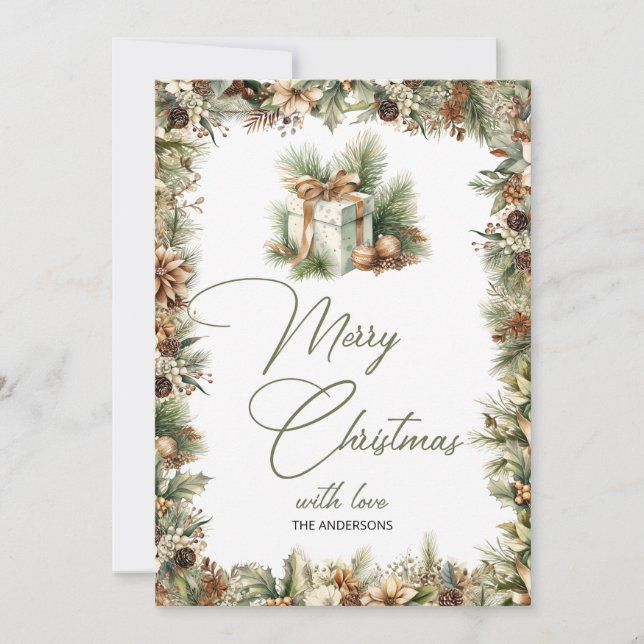 Cosy nature-inspired watercolor Christmas present Holiday Card (Front)